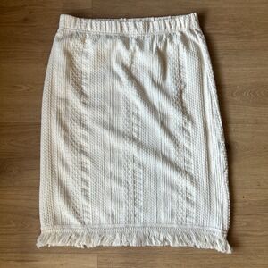 Cupio Blush Ivory Textured Knit Midi Skirt Fringe Hem Elastic Waist Cream Large